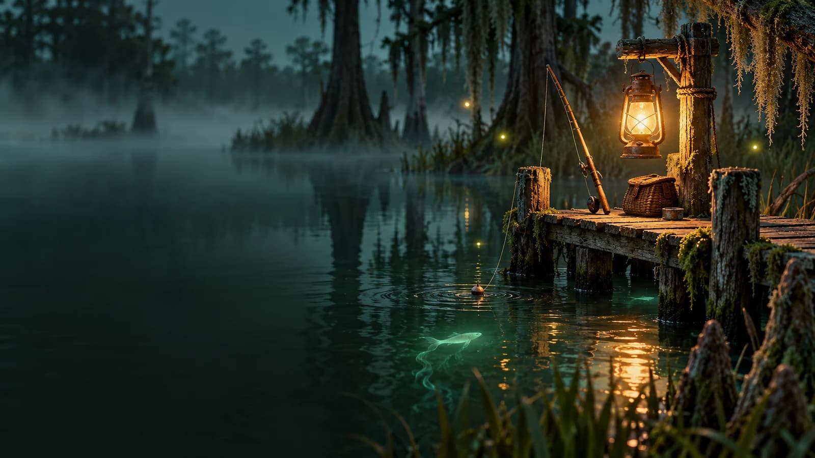 Original illustration of a lantern-lit fishing dock in a misty cypress swamp; an imagined bayou, not a game location.